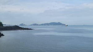 View from Amador Causeway of ships anchored outside the Panama Canal