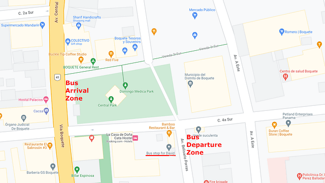 Map of Boquete with Bus Arrival from and Departure to David